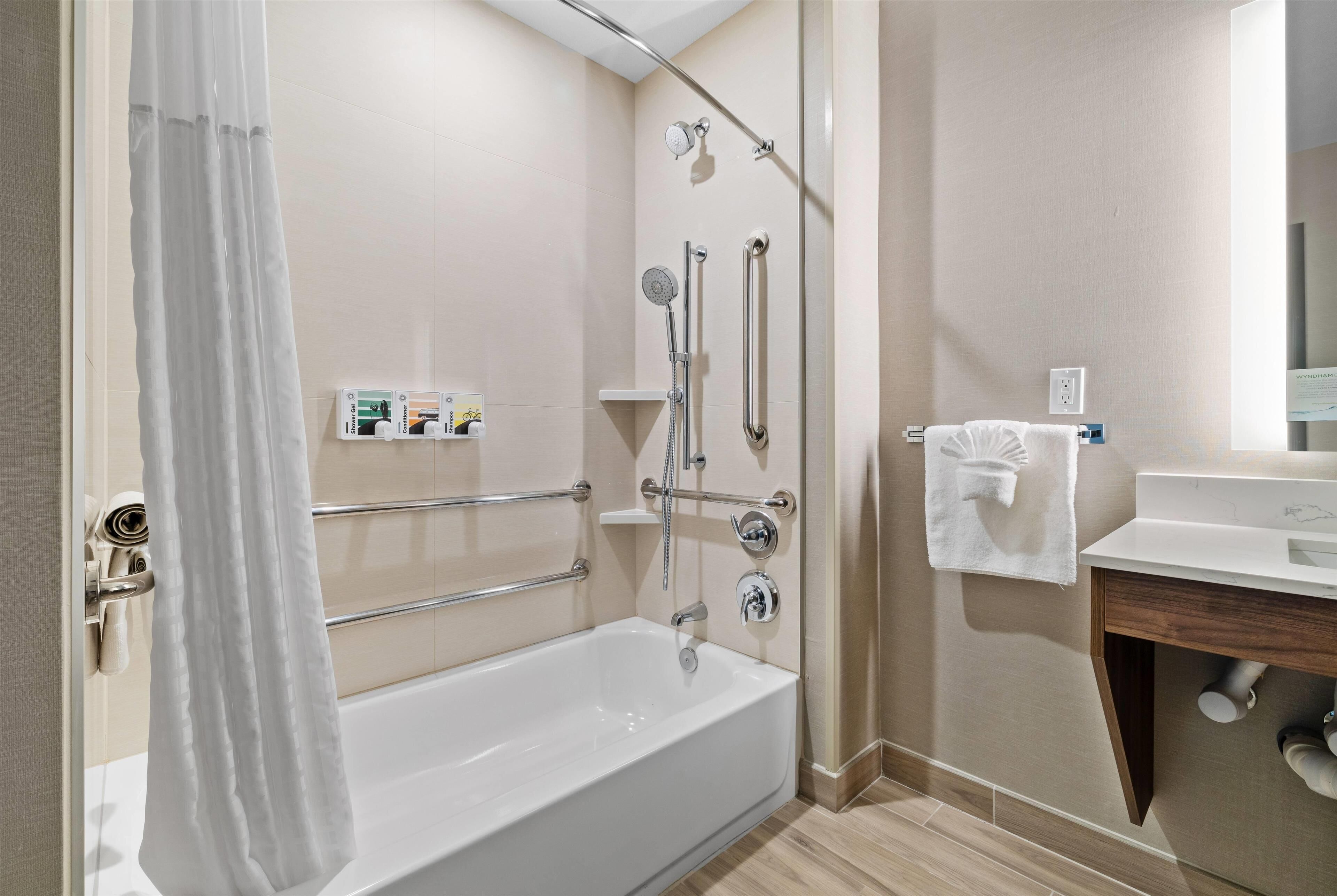 desk, laptop workspace, blackout curtains, iron/ironing board