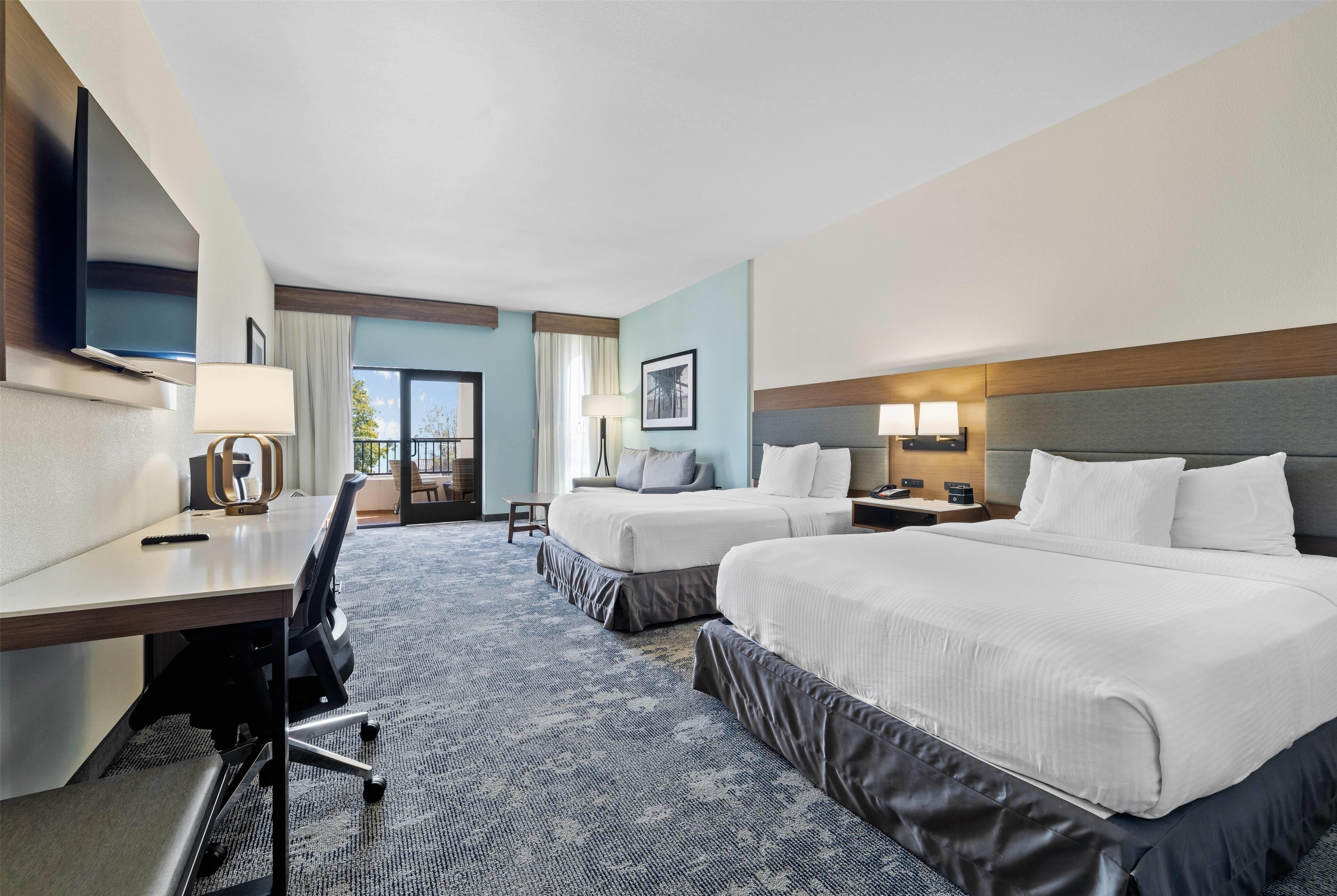 Desk, laptop workspace, blackout curtains, iron/ironing board