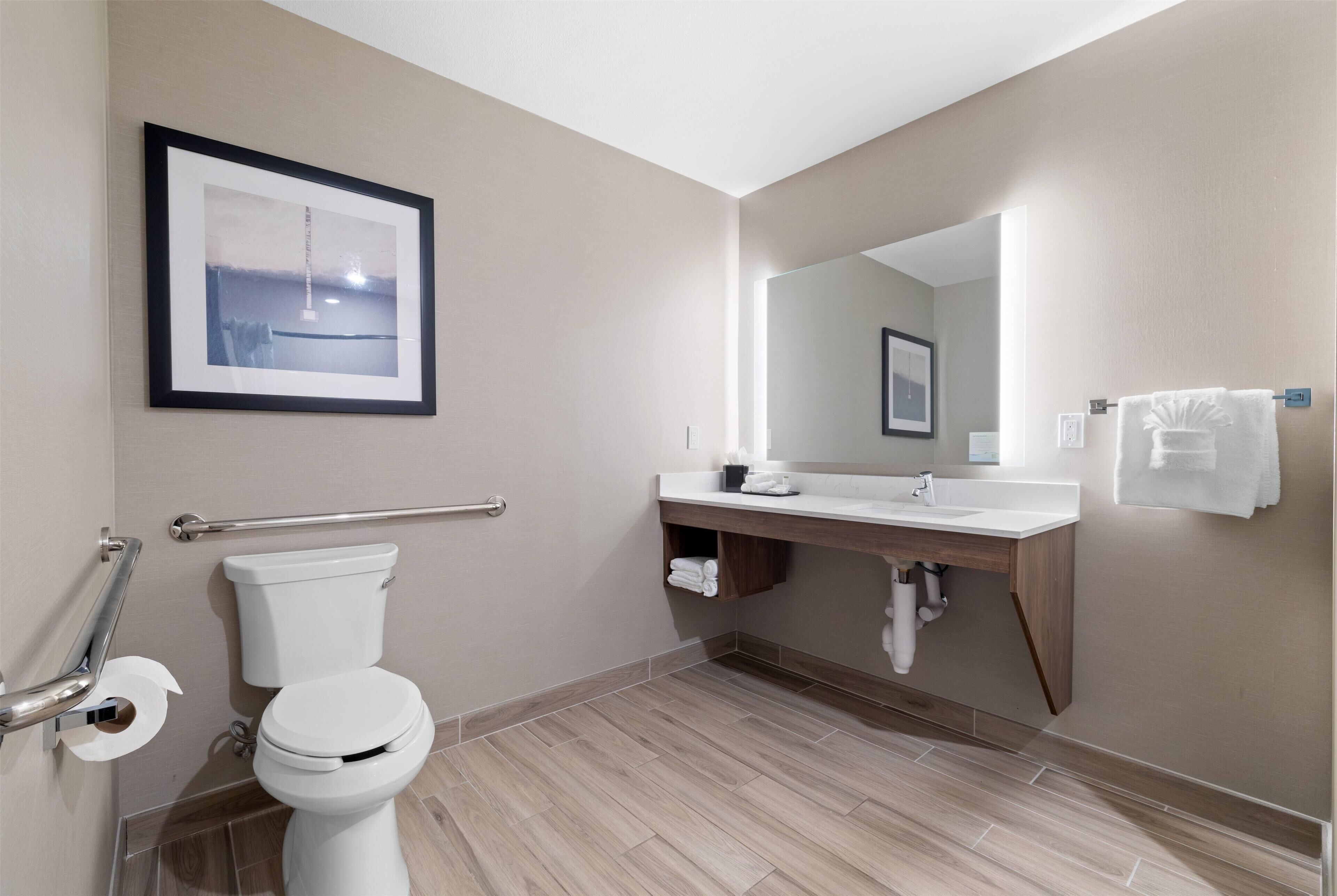 A modern bathroom with a toilet, handrail, sink, mirror, and towel rack.