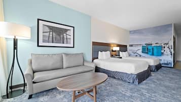 Desk, laptop workspace, blackout curtains, iron/ironing board