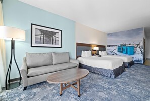 Desk, laptop workspace, blackout drapes, iron/ironing board