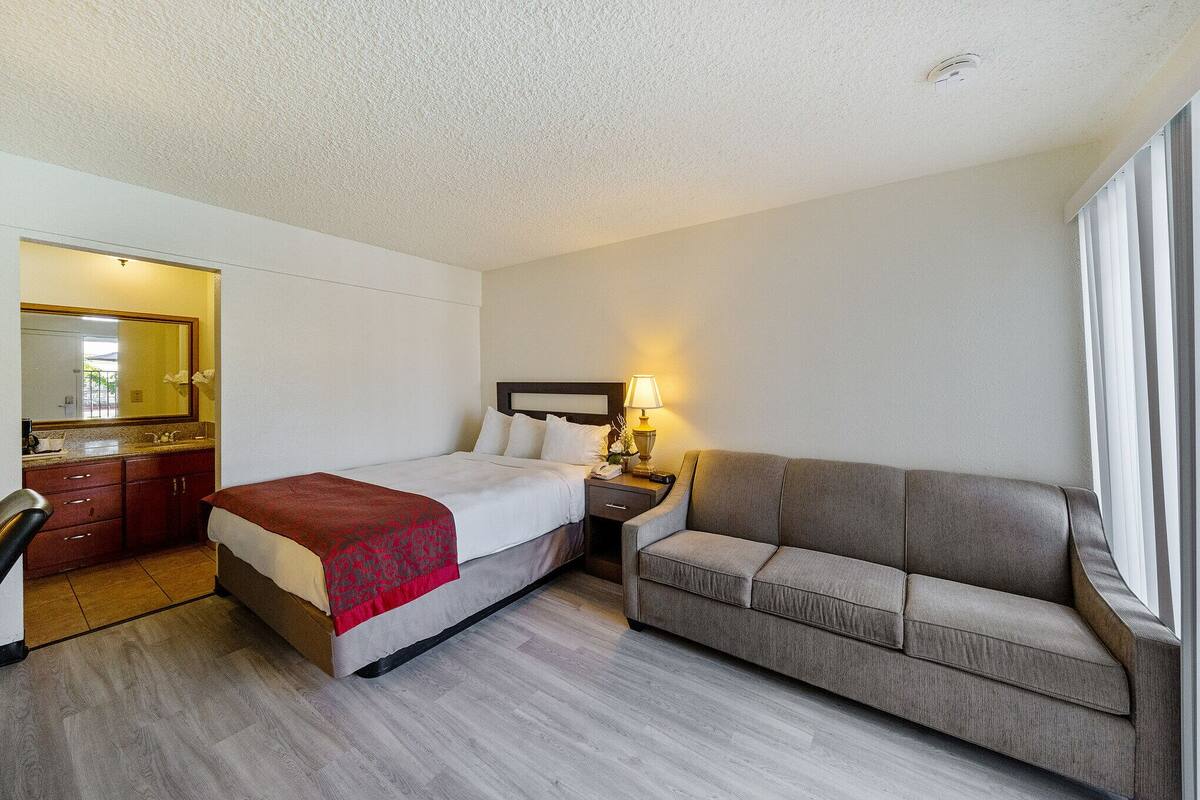 A hotel room with a bed, a sofa, a desk, and a mirror.