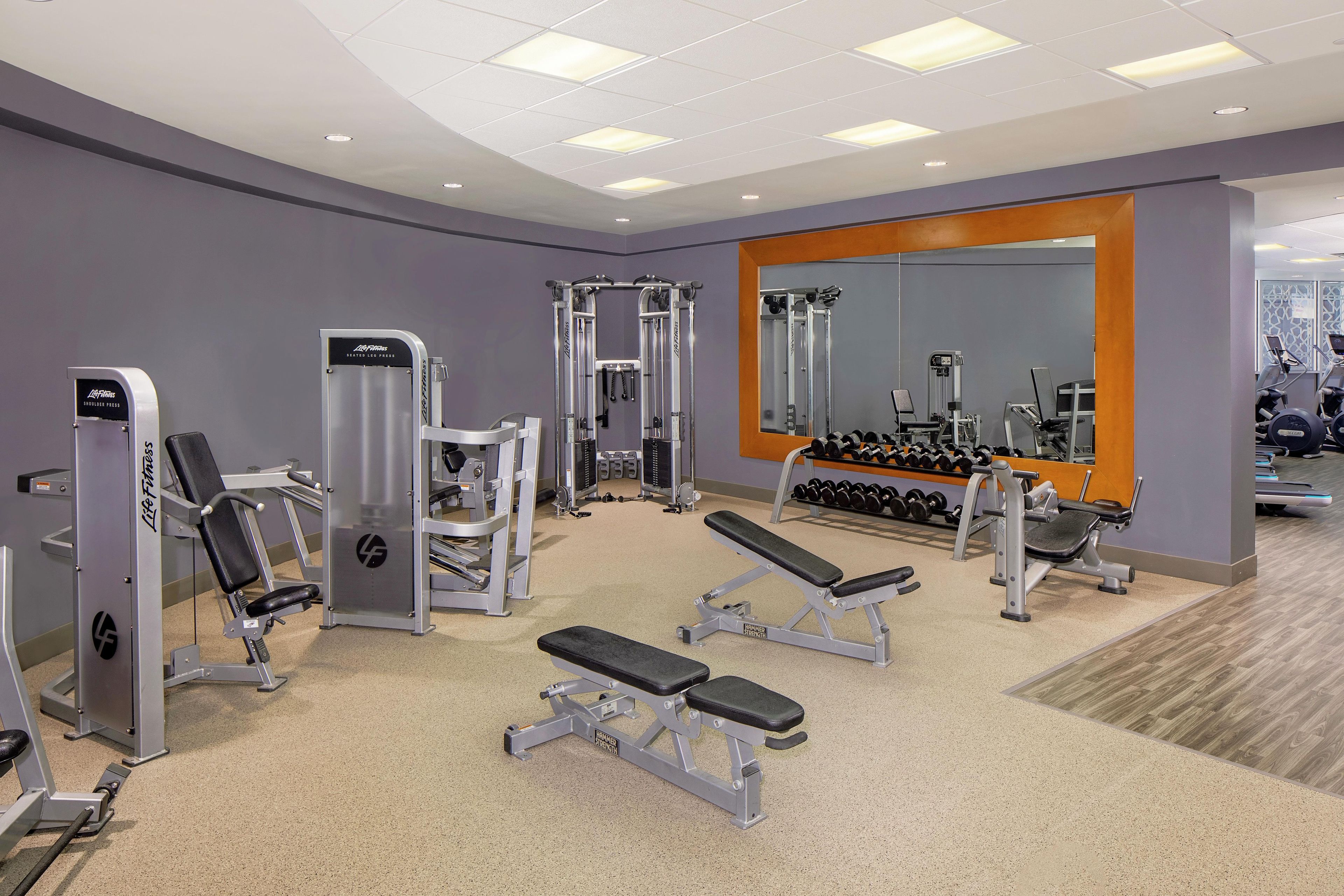 Un gimnasio con diverso equipo de ejercicio, que incluye máquinas de pesas y bancos.