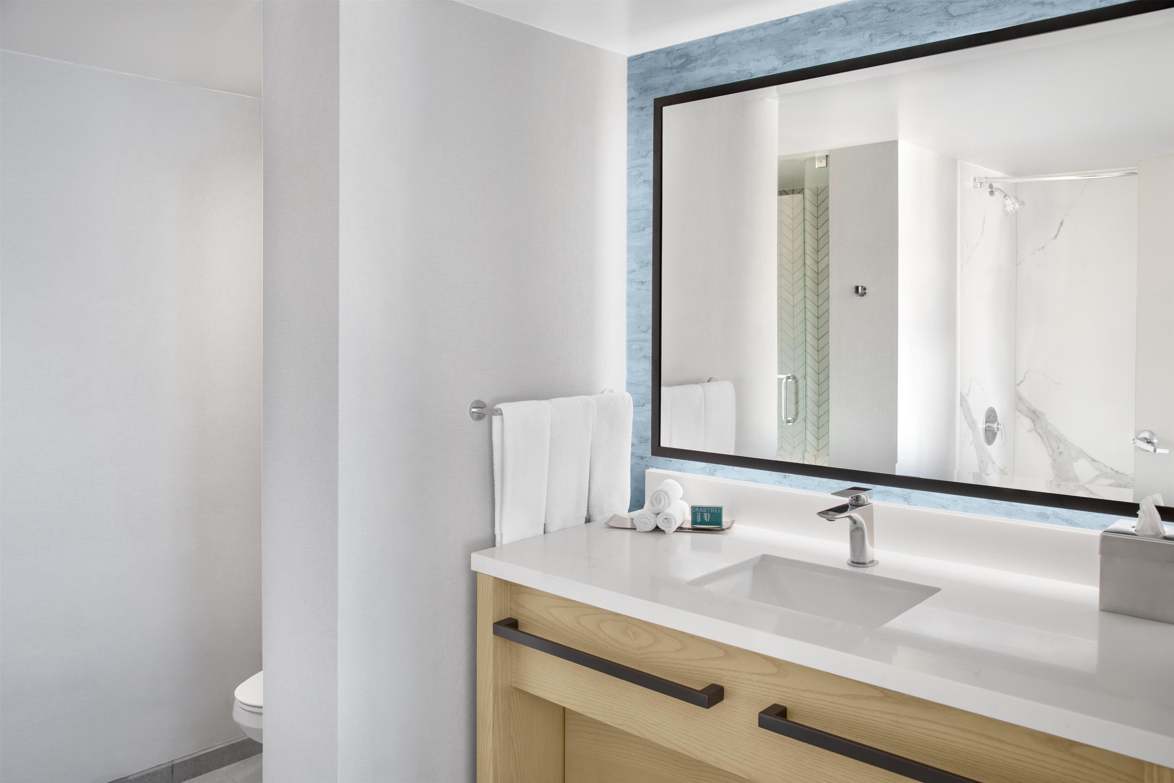 Une salle de bain moderne avec un grand miroir, un lavabo blanc et un meuble en bois.