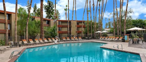 Outdoor pool, open 7:00 AM to 11:00 PM, sun loungers