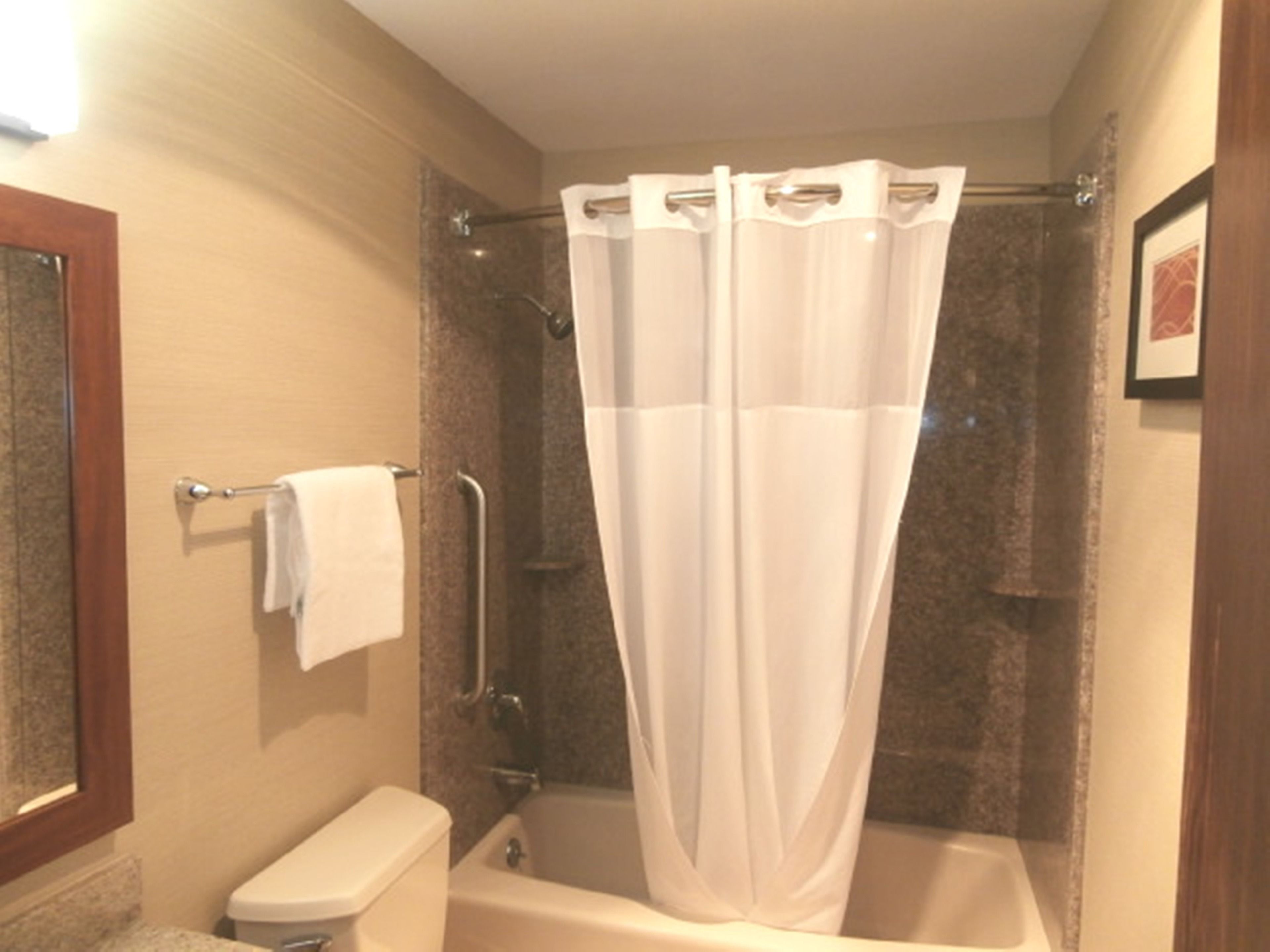 A bathroom with a shower, toilet, and a towel rack.