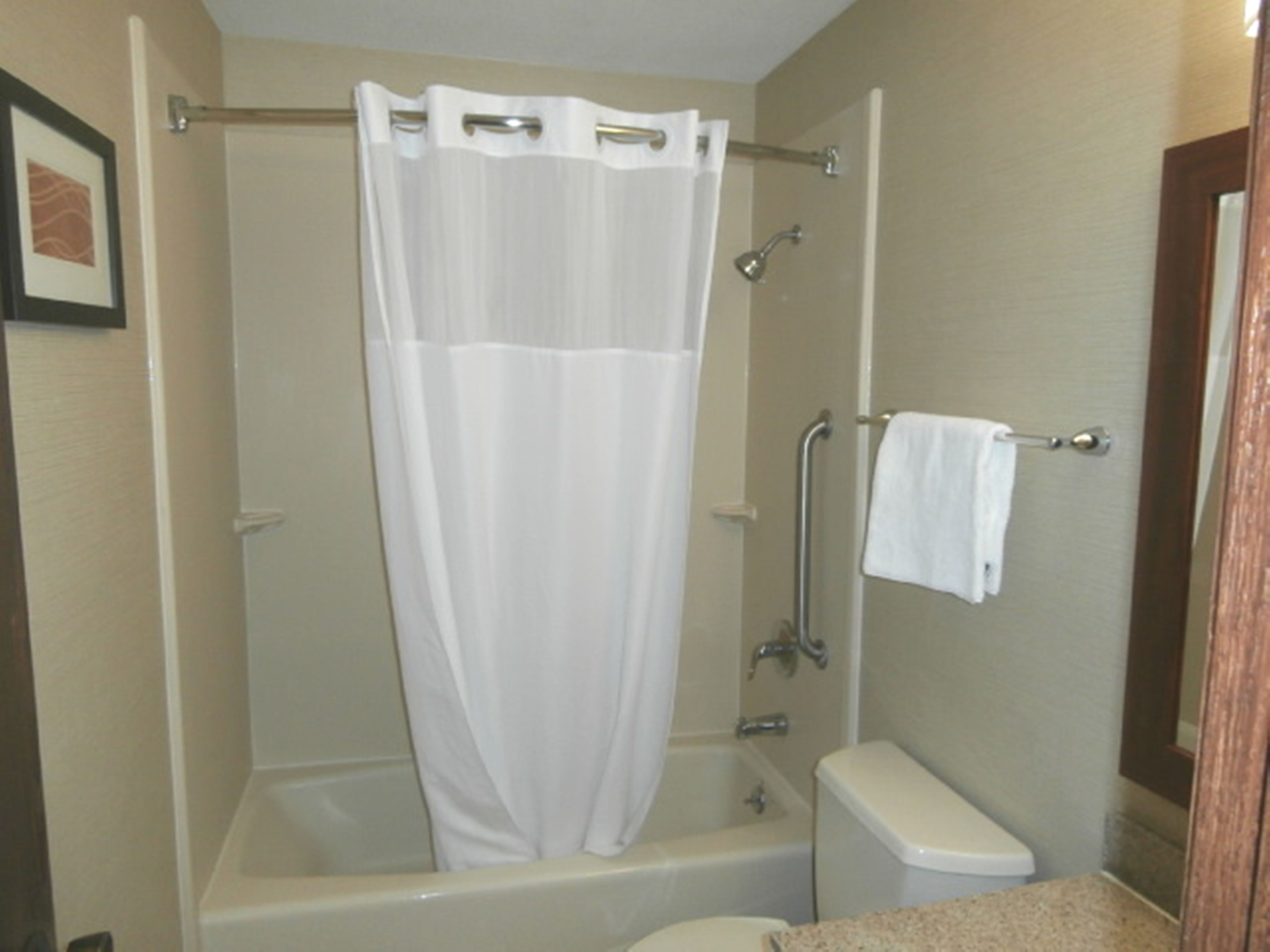 Combined shower/tub, free toiletries, hair dryer, towels