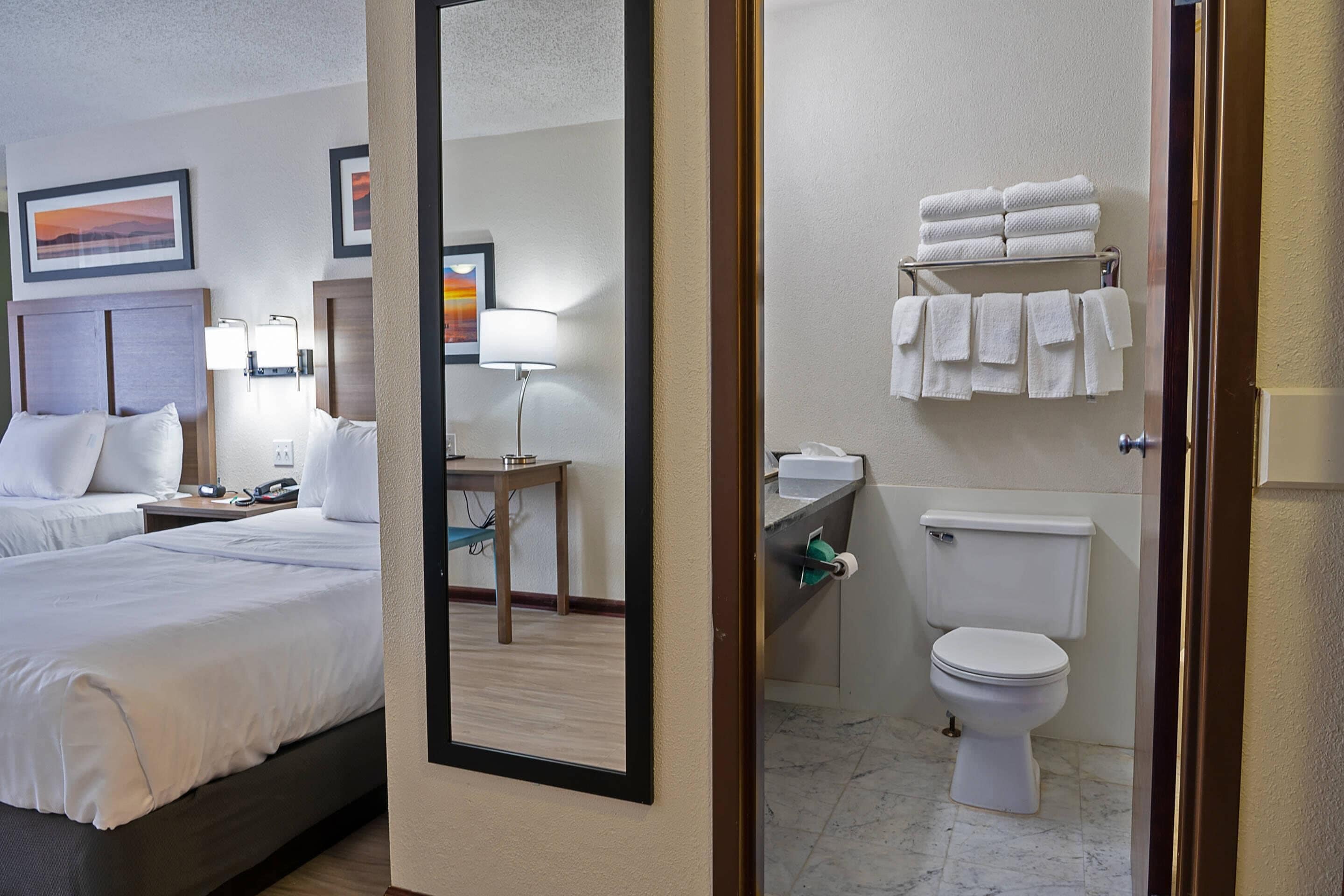 Una habitación de hotel con cama, mesita de noche, lámpara y baño que incluye inodoro y toallero.