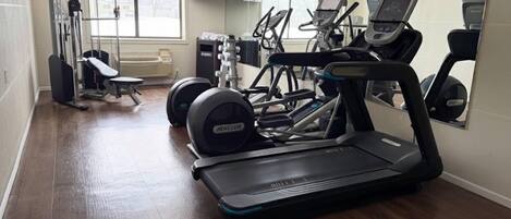 A gym with treadmills, weight machines, and a bench.