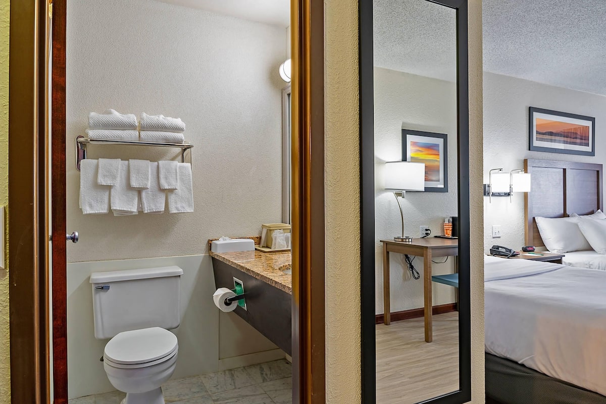 A hotel bathroom with a toilet, towel rack, and a sink with a mirror.