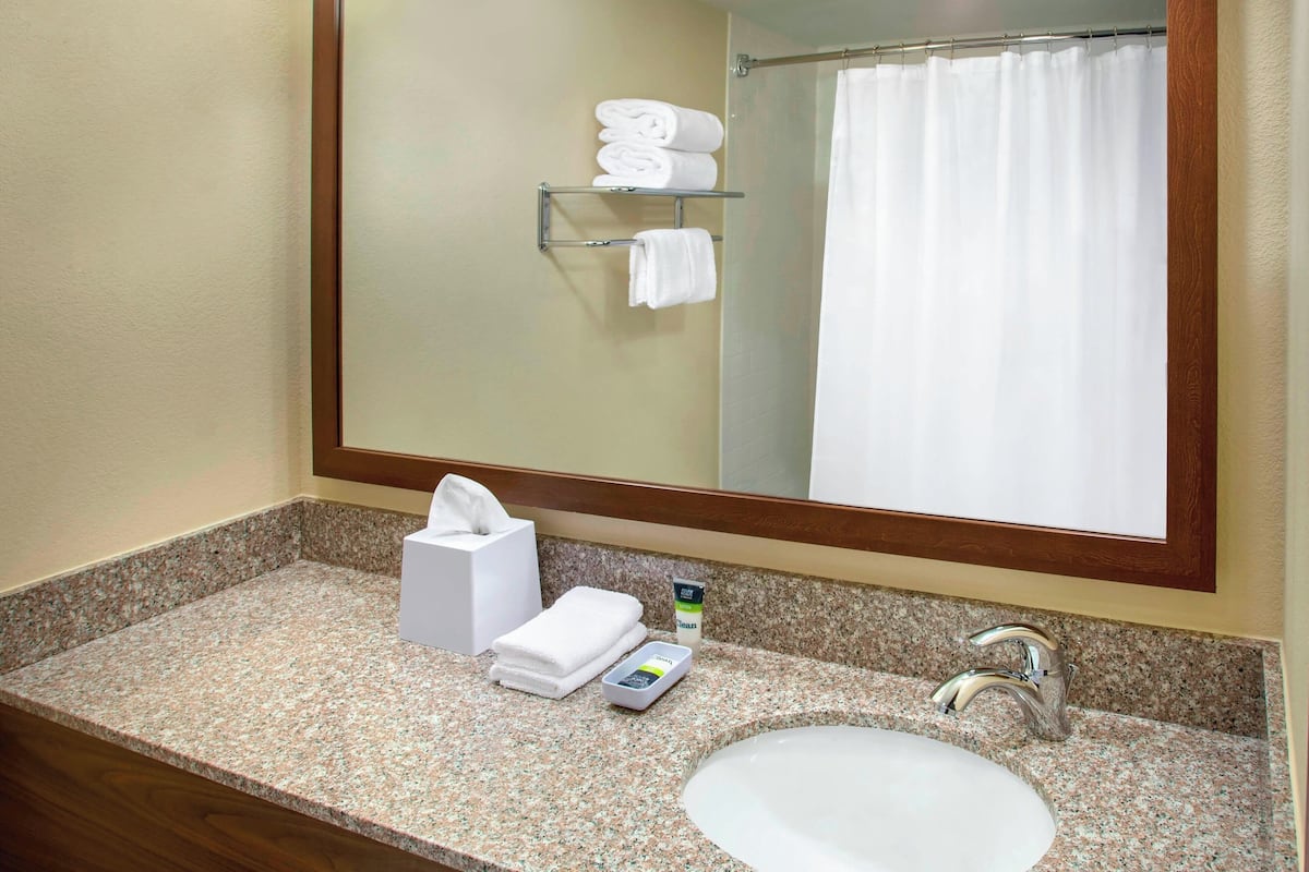 combined shower/bathtub, eco-friendly toiletries, hair dryer, towels