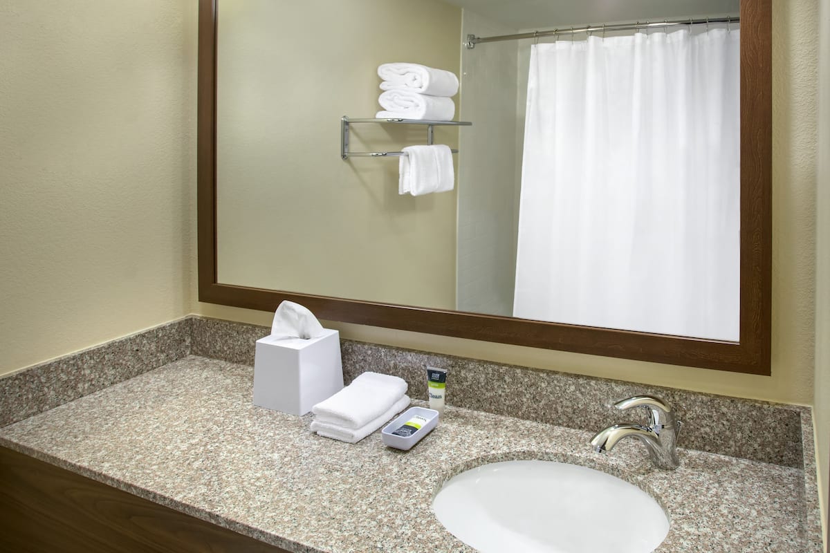 combined shower/bathtub, eco-friendly toiletries, hair dryer, towels