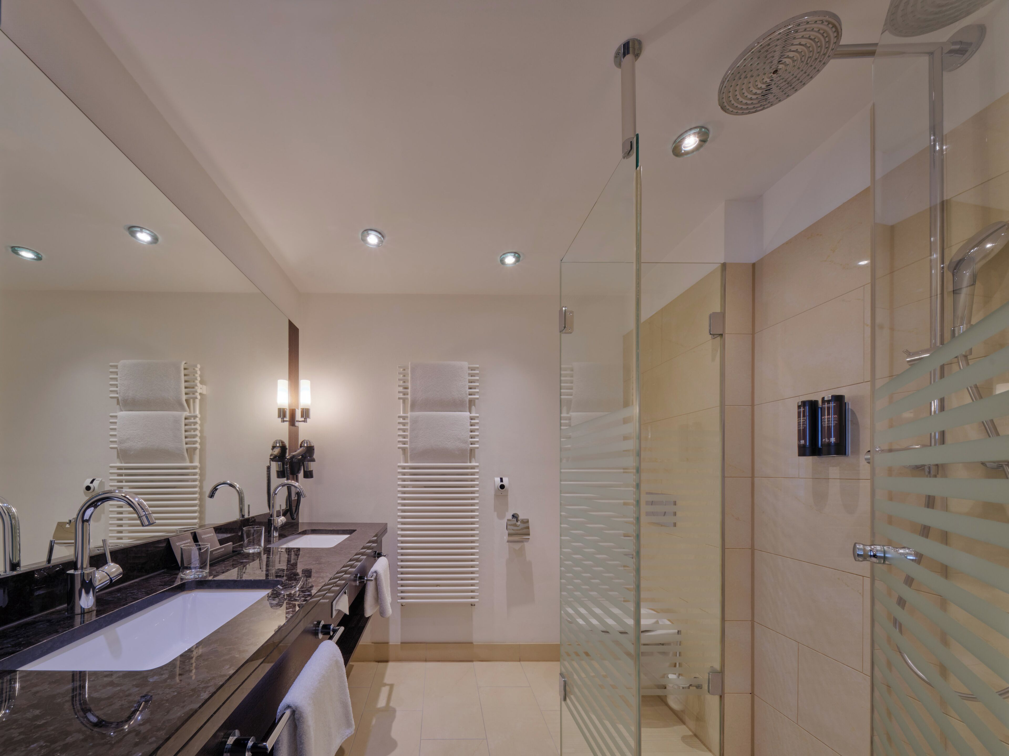 A modern bathroom with a glass shower enclosure, a double sink vanity, and a large mirror.