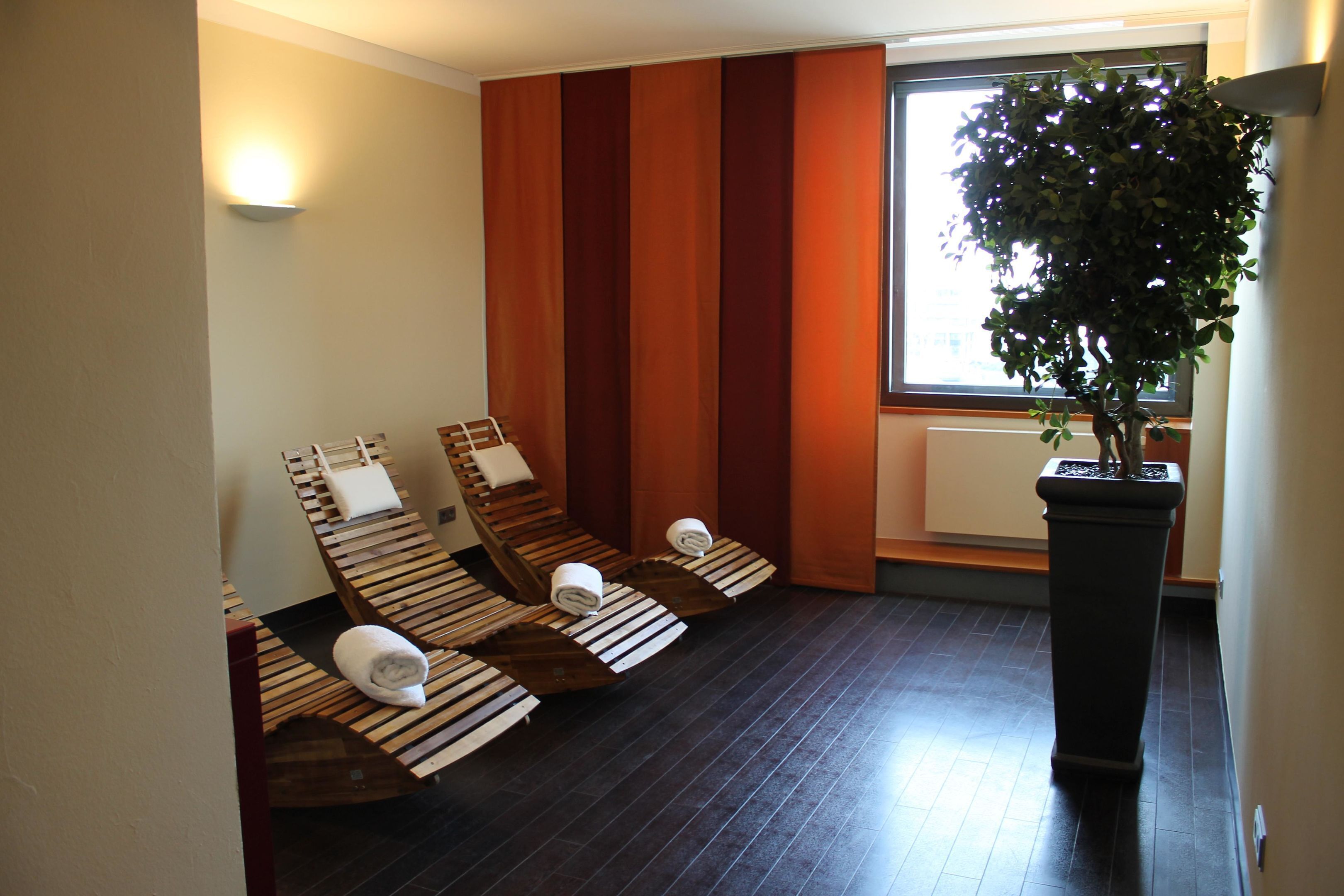 A room with three wooden loungers, a potted plant, and a window with curtains.