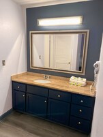 Bañera con ducha, artículos de tocador de diseñador, secador de pelo