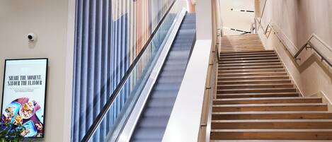 An indoor staircase with a wooden finish and a glass railing.