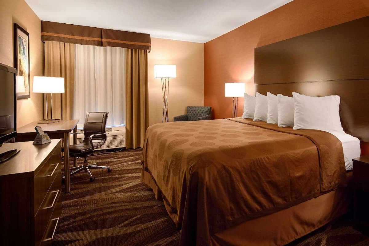 A hotel room with a large bed, a desk with a chair, a television, and a lamp.