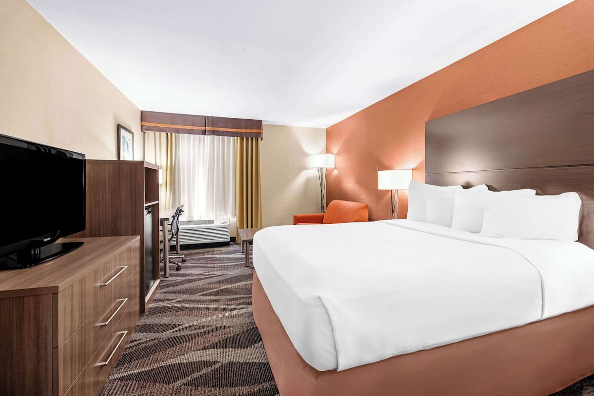 A hotel room with a large bed, a TV, a desk, and a lamp.