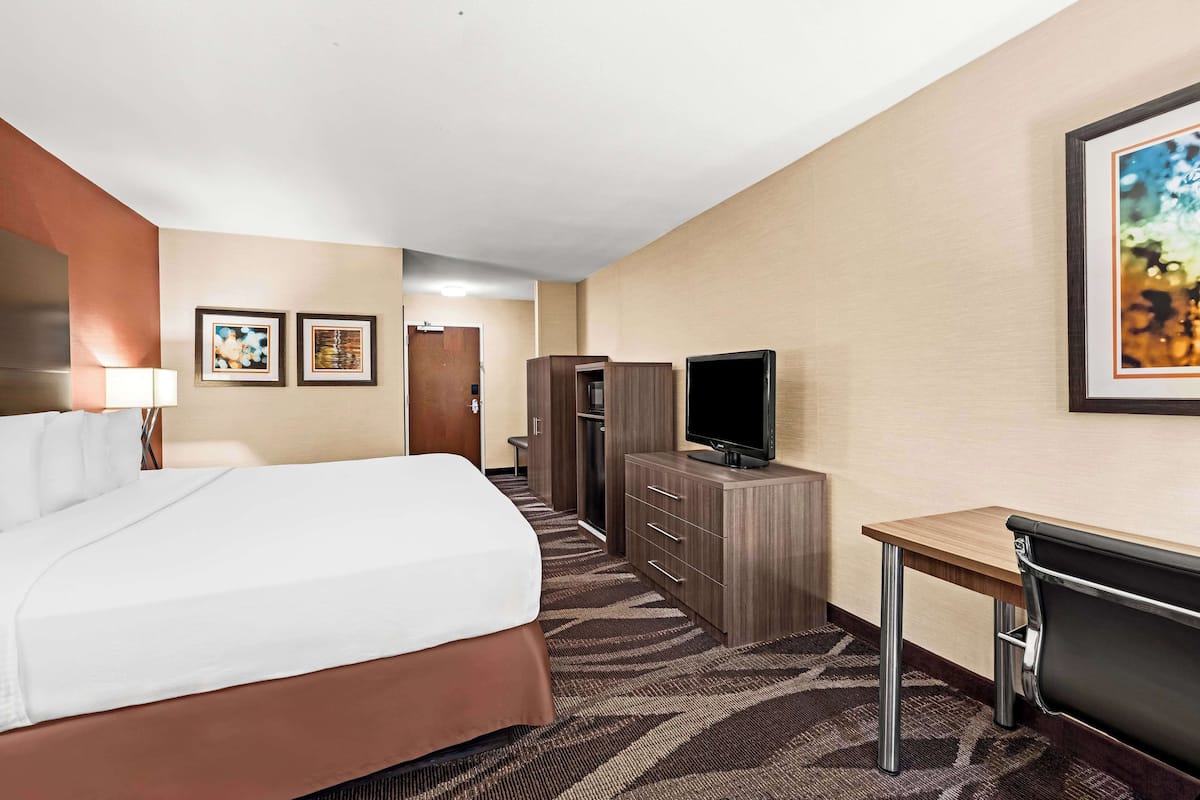 A hotel room with a bed, a desk, a television, and a wardrobe.