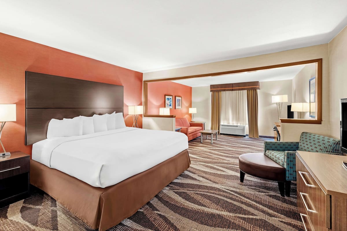 A hotel room with a large bed, a desk, a chair, a sofa, and a TV.