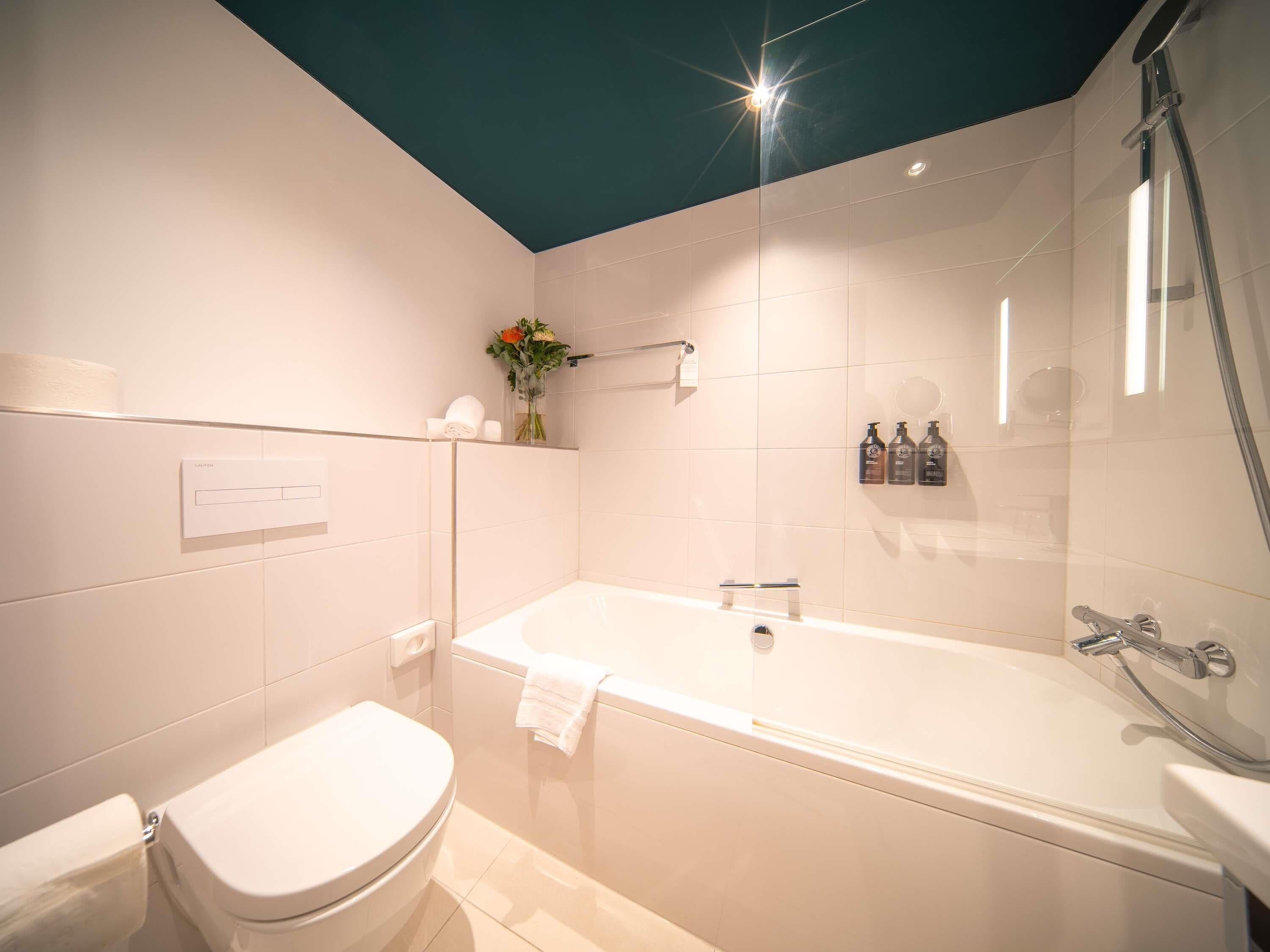 A modern bathroom with a bathtub, toilet, and shower.