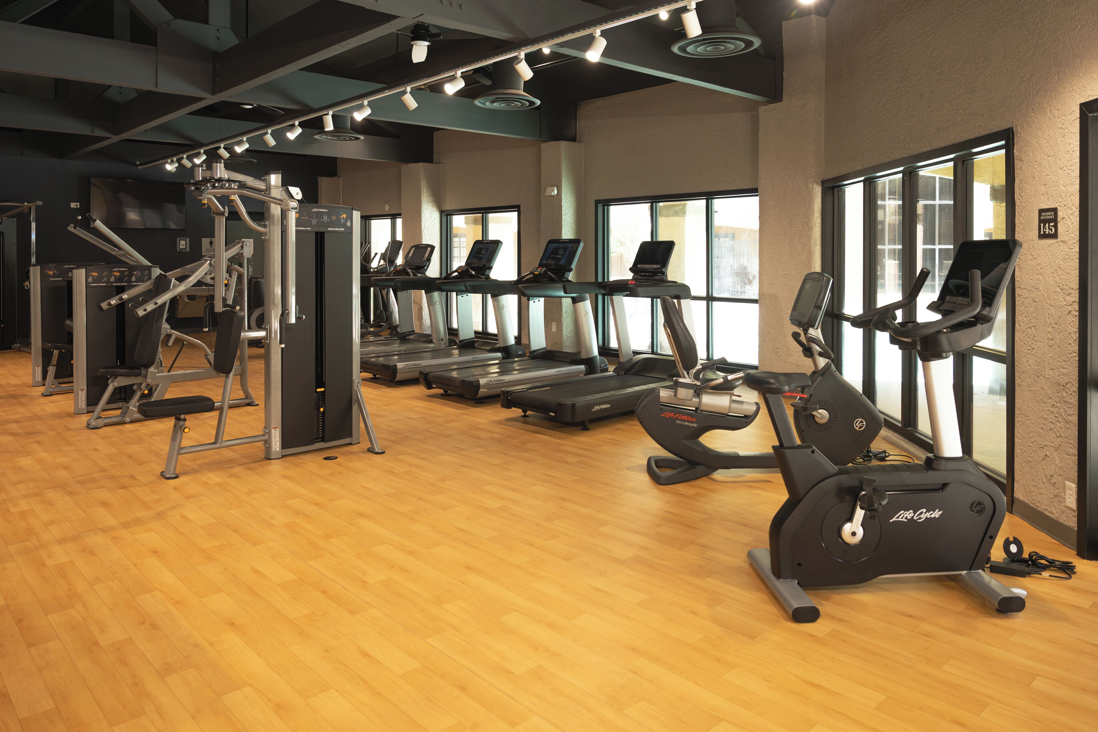 A gym with treadmills, elliptical machines, and weight machines.