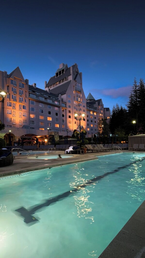 Indoor pool, outdoor pool, pool loungers