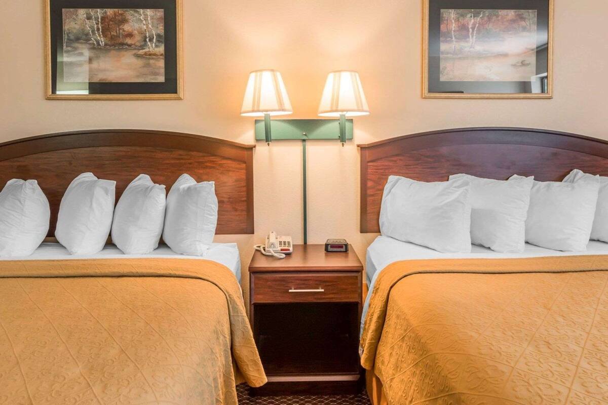 Une chambre d’hôtel avec deux lits, chacun doté de draps blancs et d’une tête de lit en bois. Deux lampes murales sont fixées de part et d’autre de la pièce, et deux tableaux représentant des paysages sont accrochés au-dessus des lits.