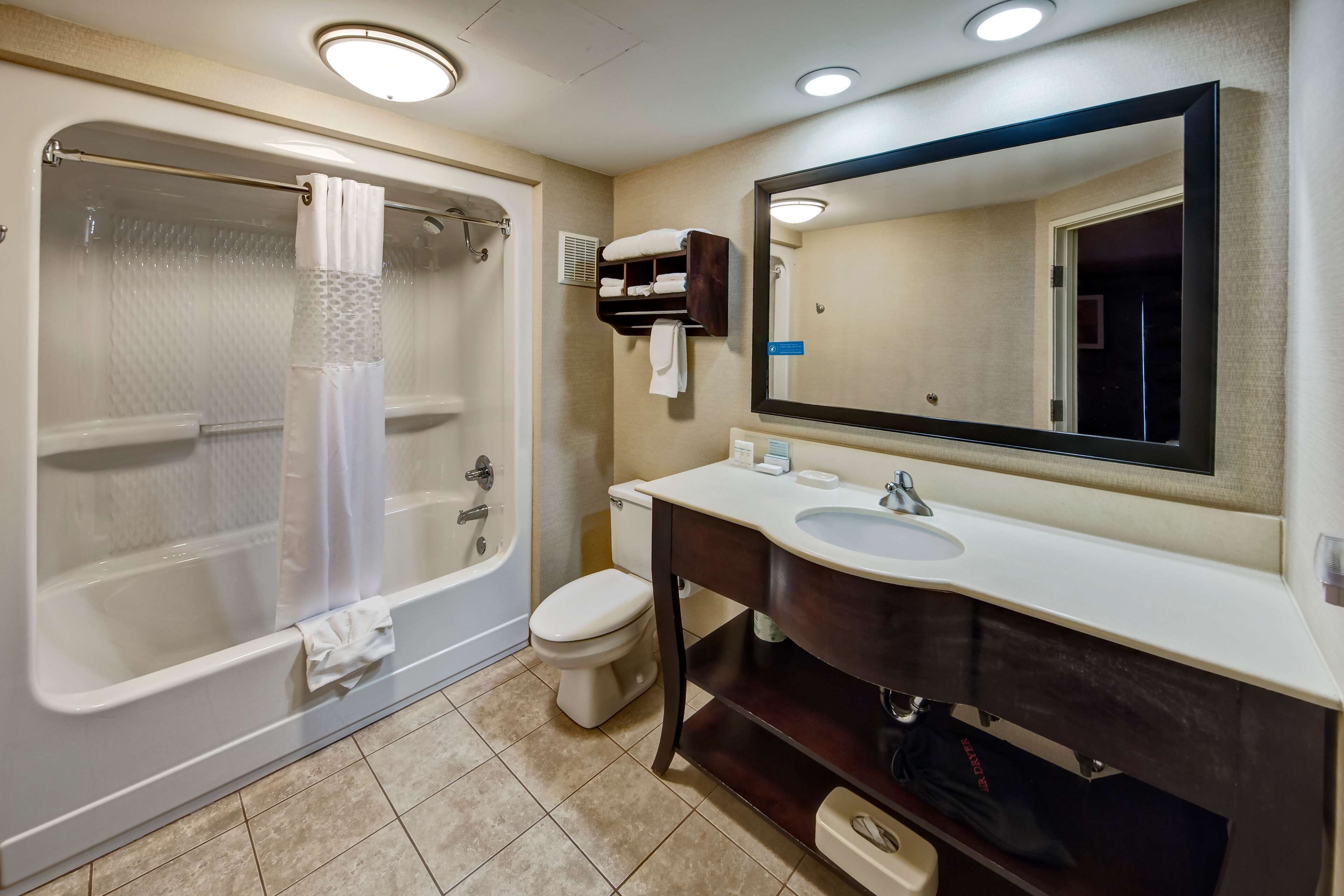 combined shower/bathtub, hair dryer, towels
