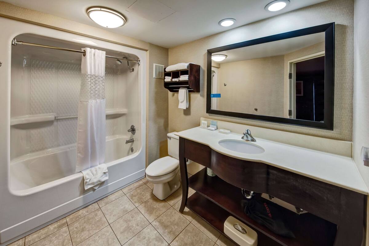 combined shower/bathtub, hair dryer, towels