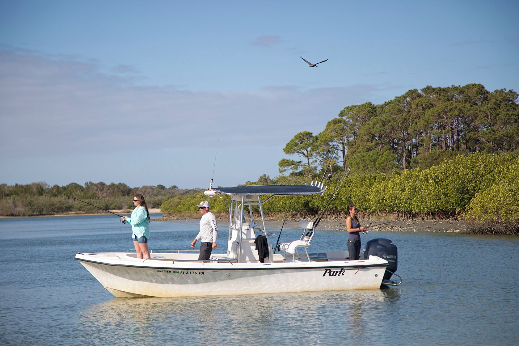 A boat with a canopy and a motor, docked near a shoreline with trees.