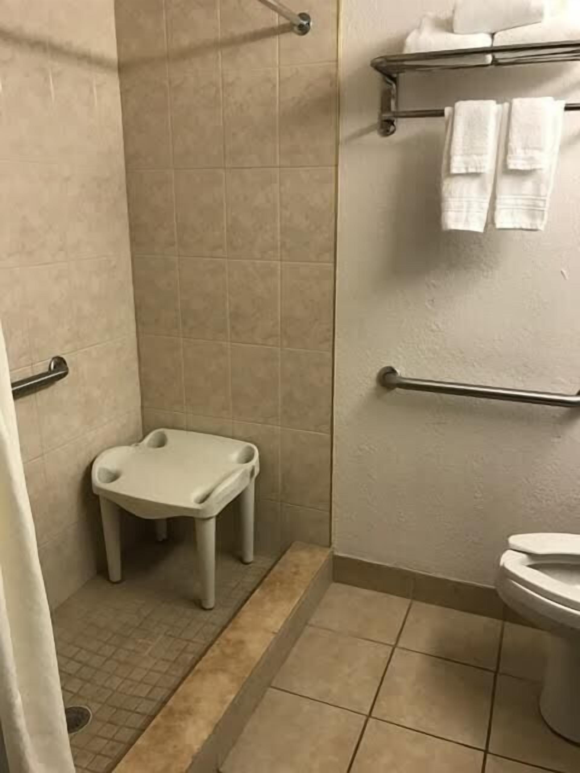 Une salle de bain avec une douche, des toilettes et un petit tabouret.