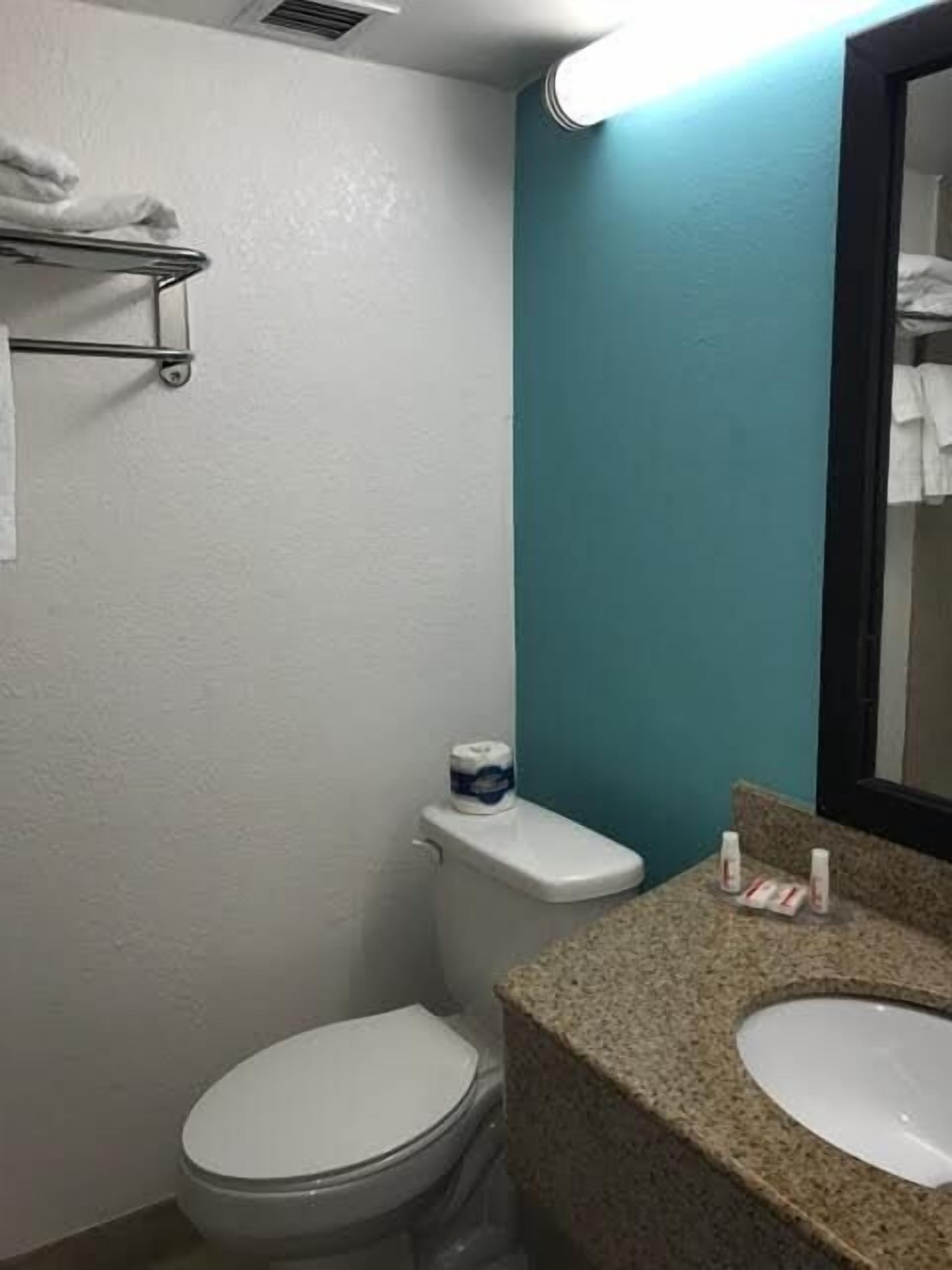 A small bathroom with a toilet, a sink, and a mirror.