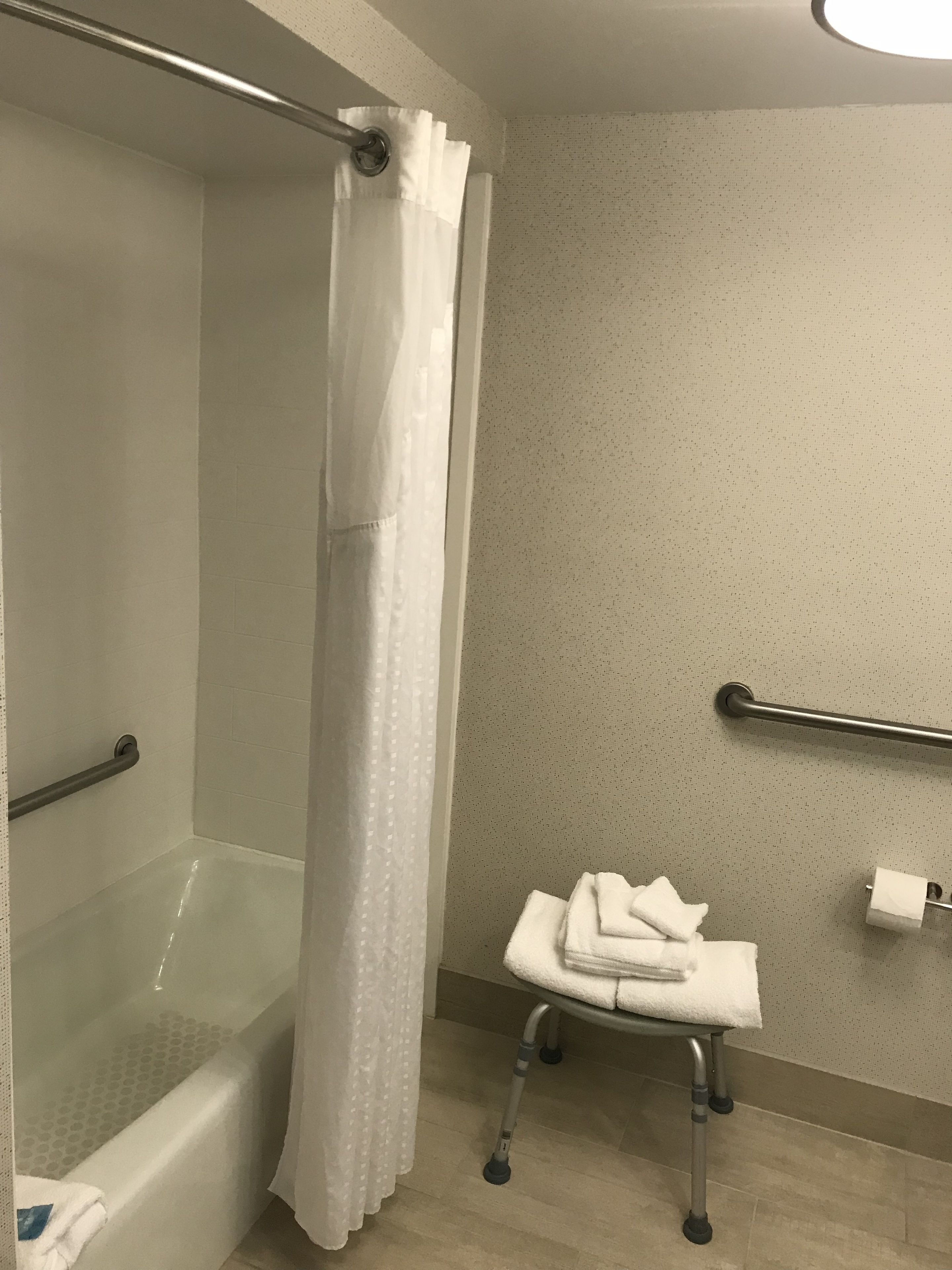 A bathroom with a shower, a toilet, and a grab bar.