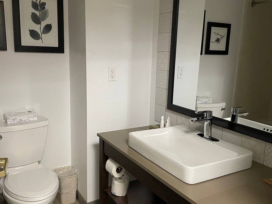 Un baño con inodoro blanco, lavamanos con espejo y un cesto de basura.