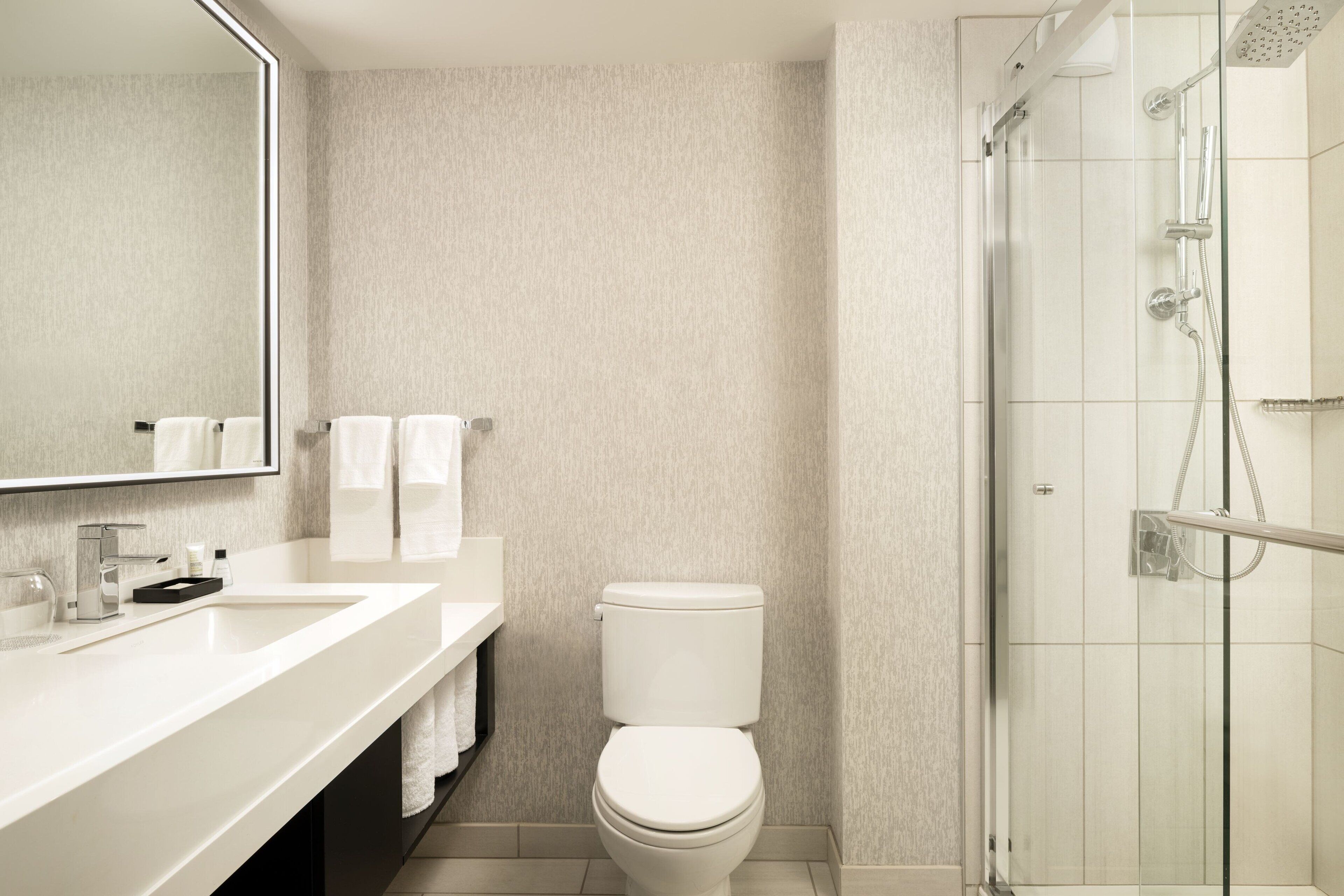 A modern bathroom with a white sink, a toilet, and a glass-enclosed shower.