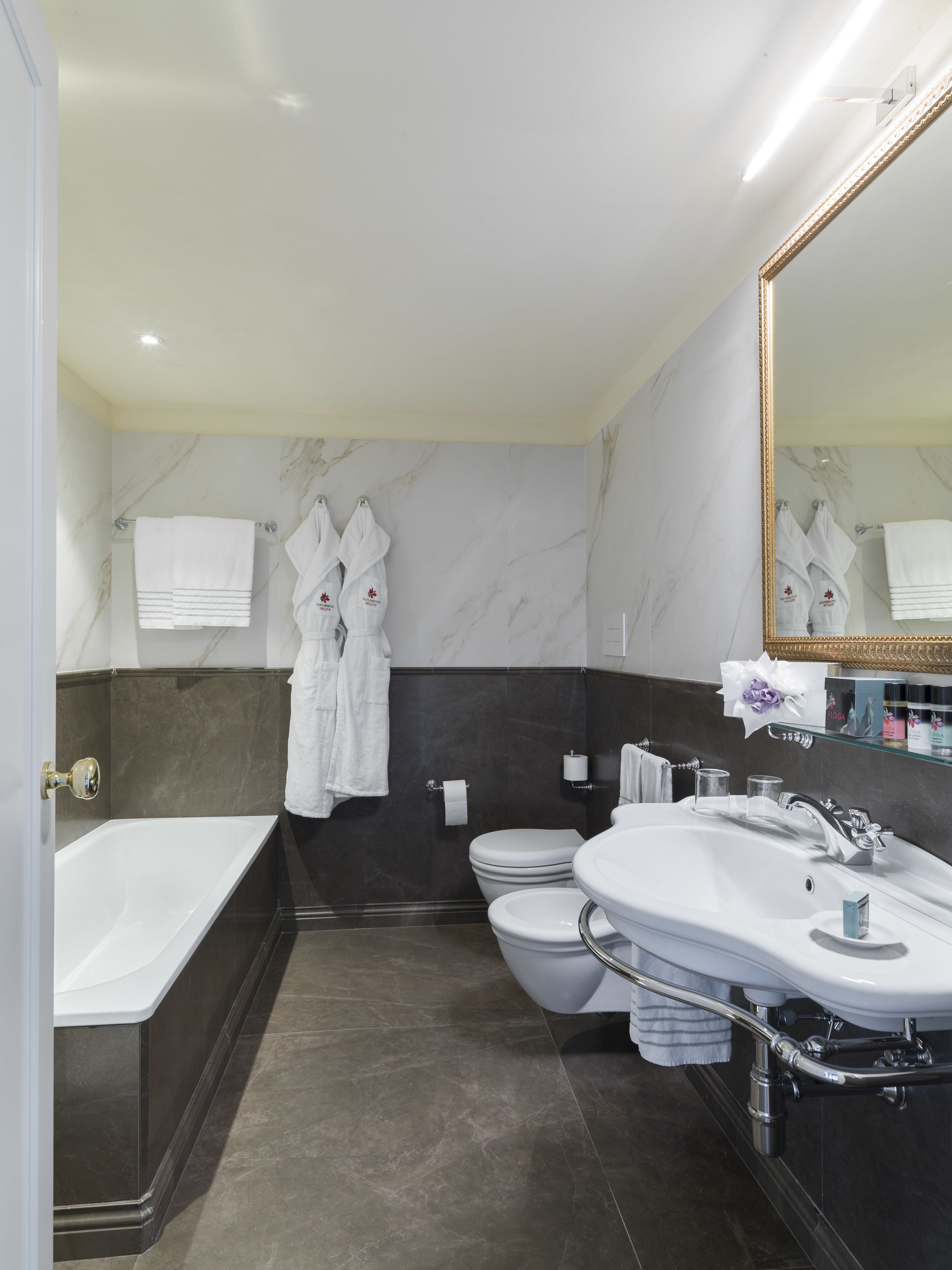 combined shower/bathtub, eco-friendly toiletries, hair dryer, bathrobes