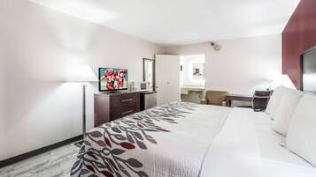 A hotel room with a bed, a desk, a chair, a television, and a mirror.