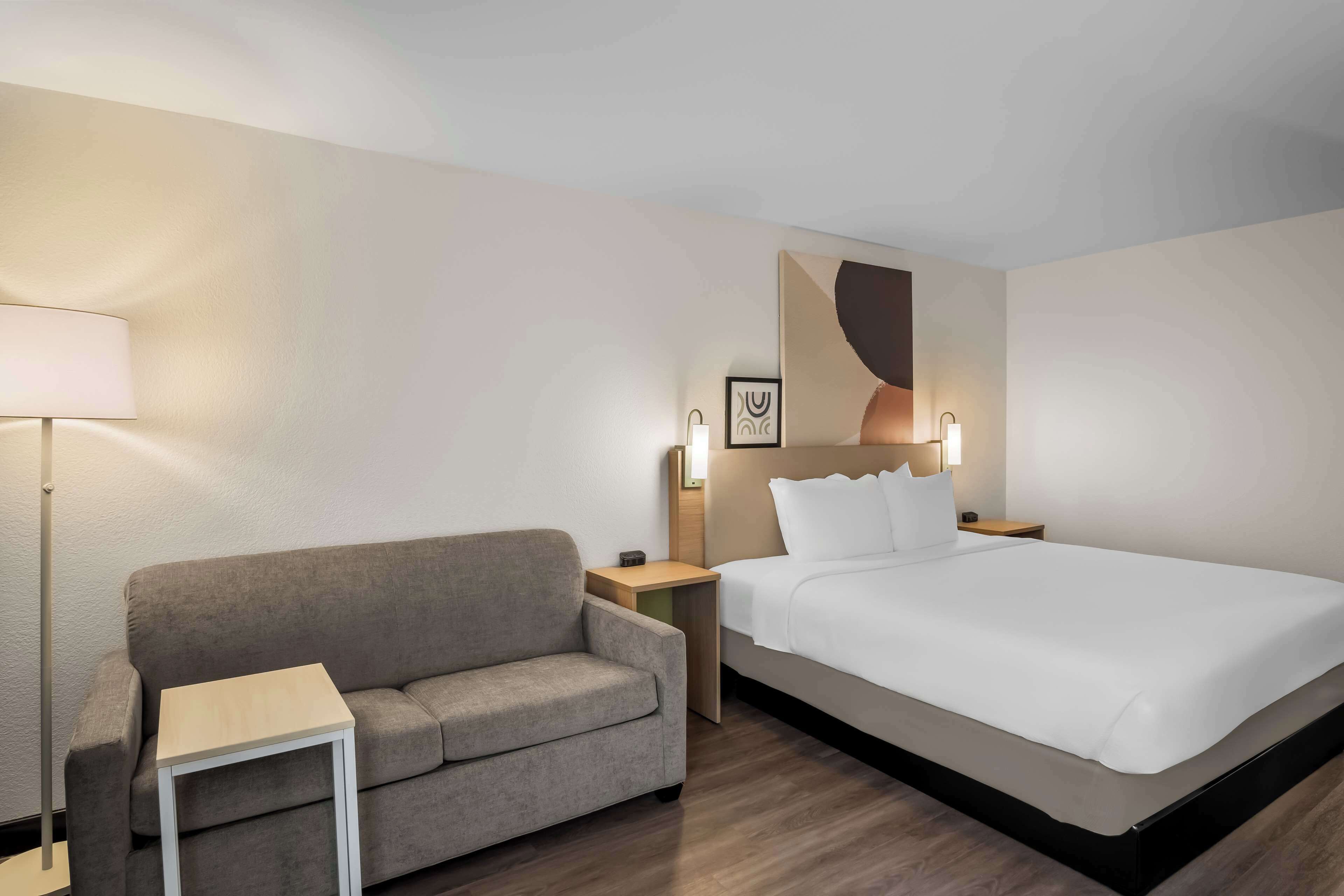 A hotel room with a bed, a sofa, a bedside table, and a lamp.