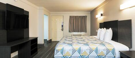 Desk, laptop workspace, free WiFi, bed sheets