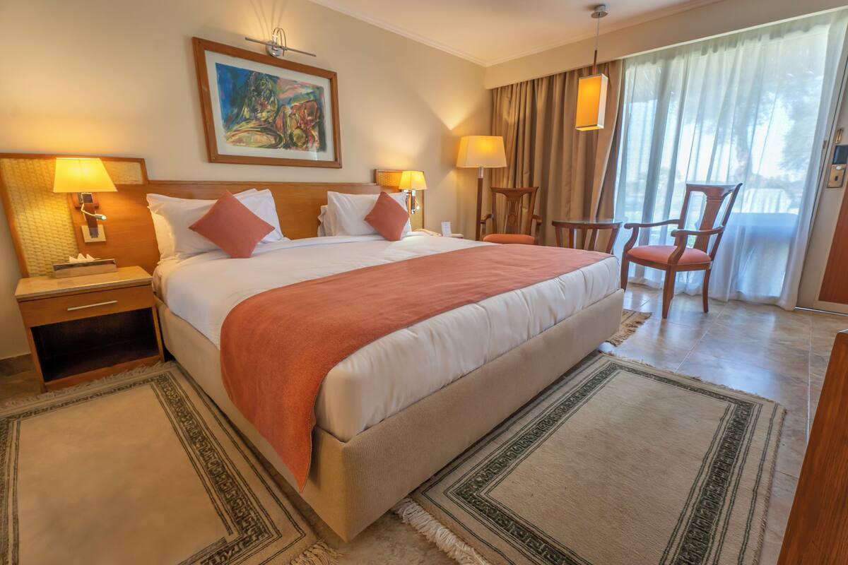 A hotel room with a large bed, two bedside tables with lamps, a chair, a painting on the wall, and a view of the outdoors through a window.