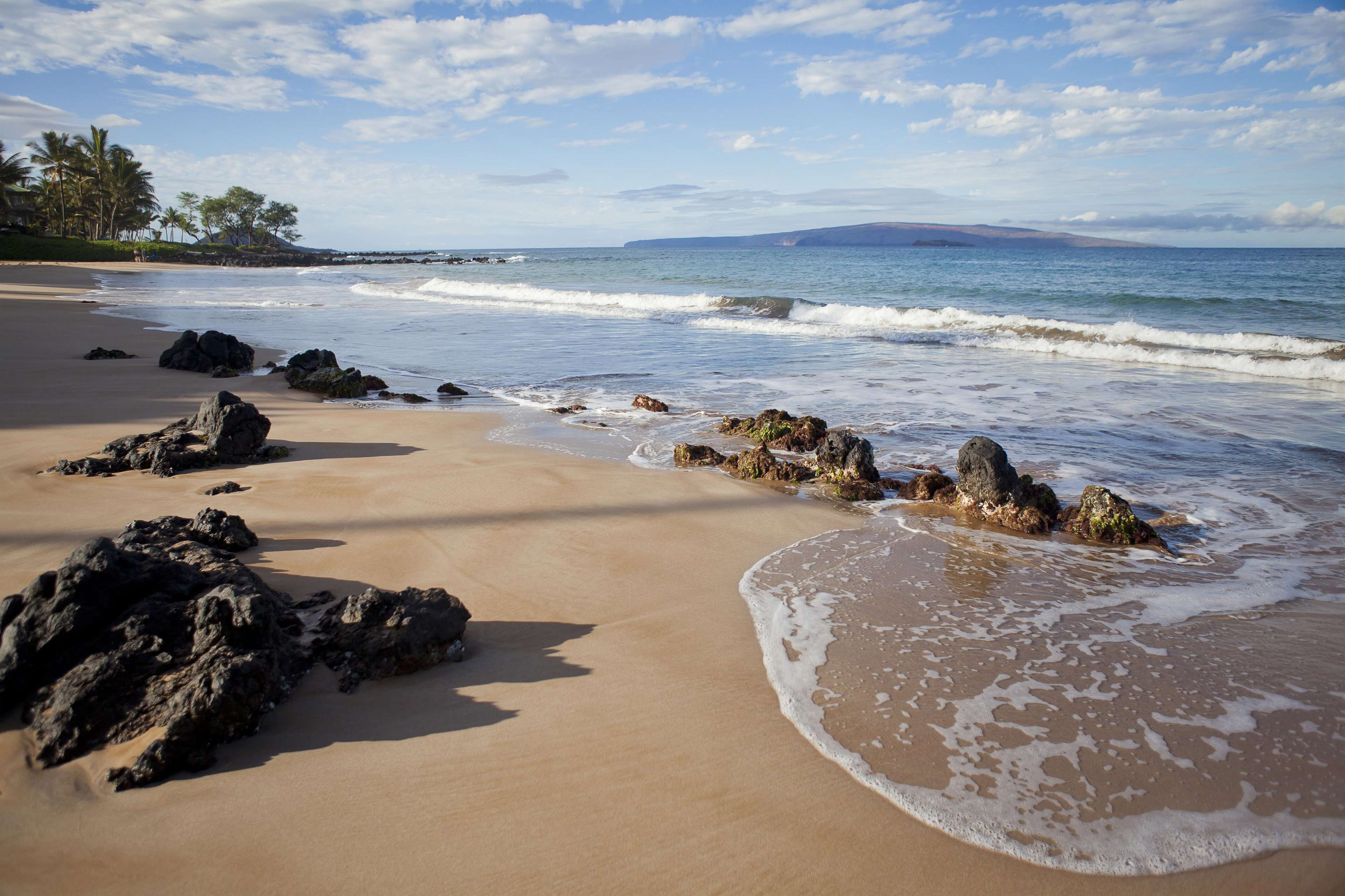 On the beach, white sand, beach cabanas, sun-loungers