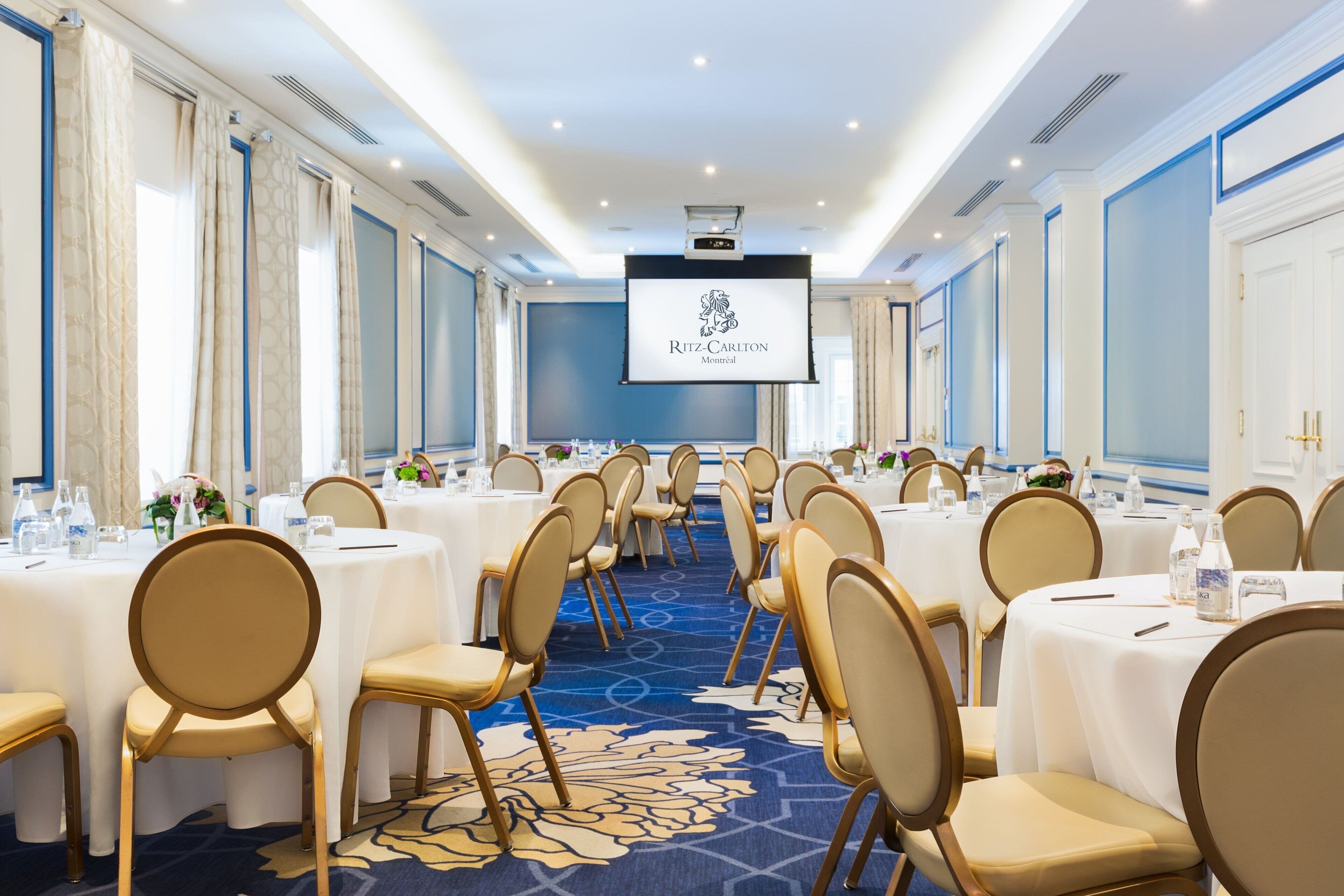 Un salón de conferencias con filas de mesas y sillas, una pantalla grande al frente y una alfombra azul.