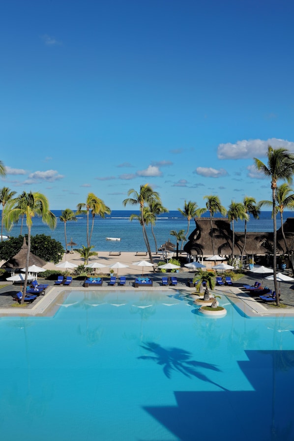 Outdoor pool, pool umbrellas, pool loungers