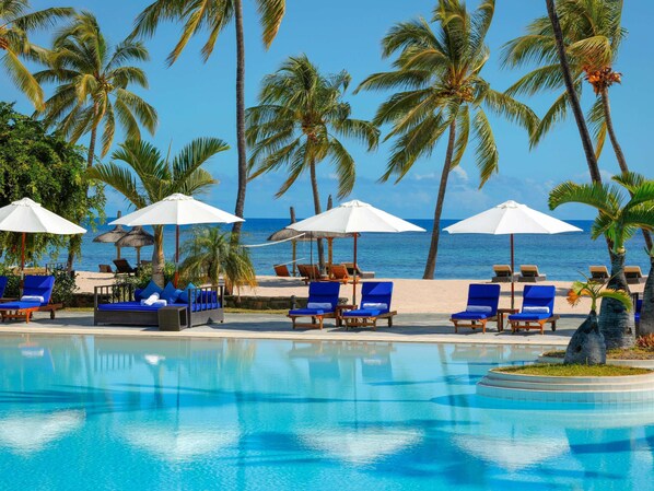 Outdoor pool, pool umbrellas, pool loungers
