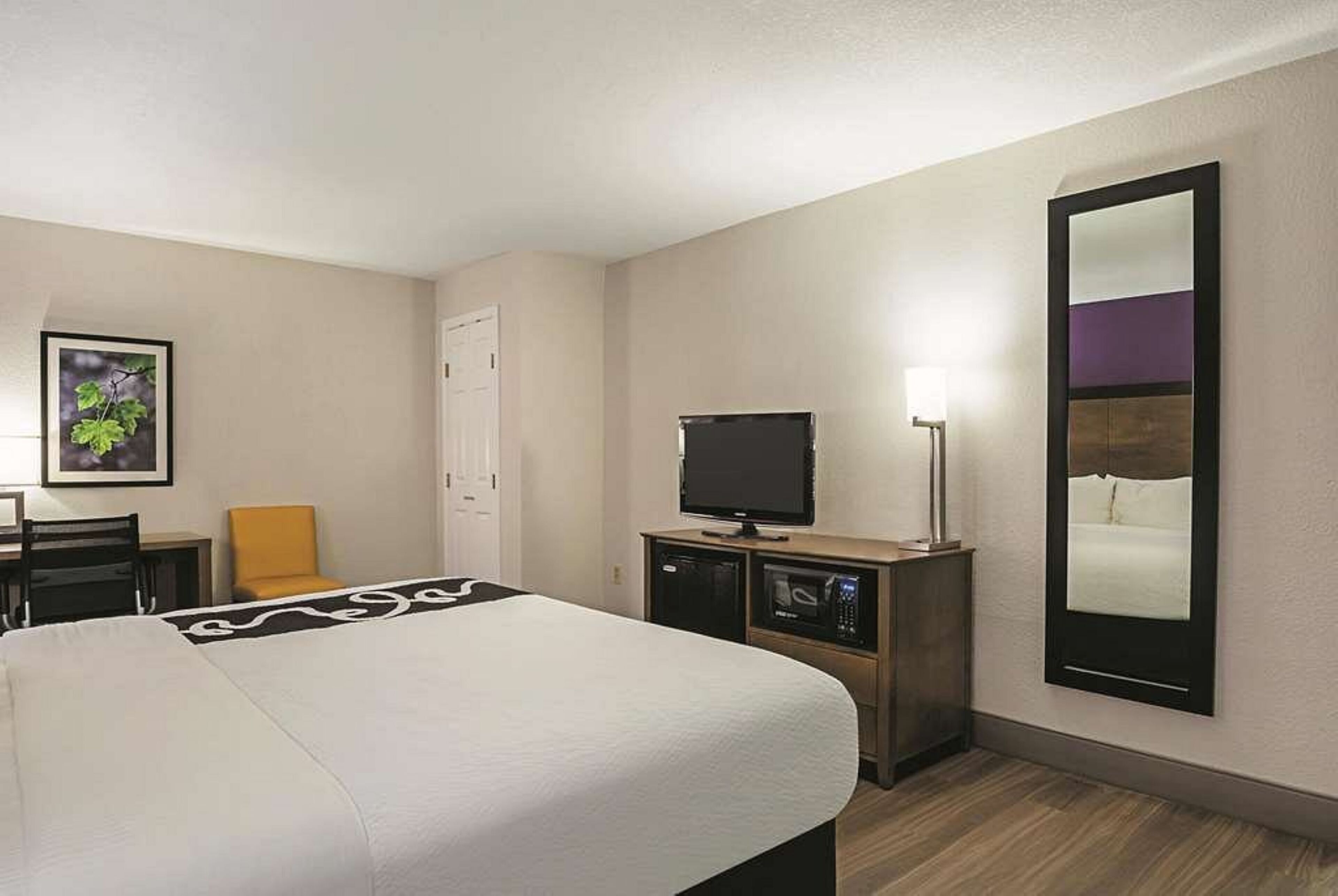 A hotel room with a bed, a television, a desk, a chair, and a mirror.
