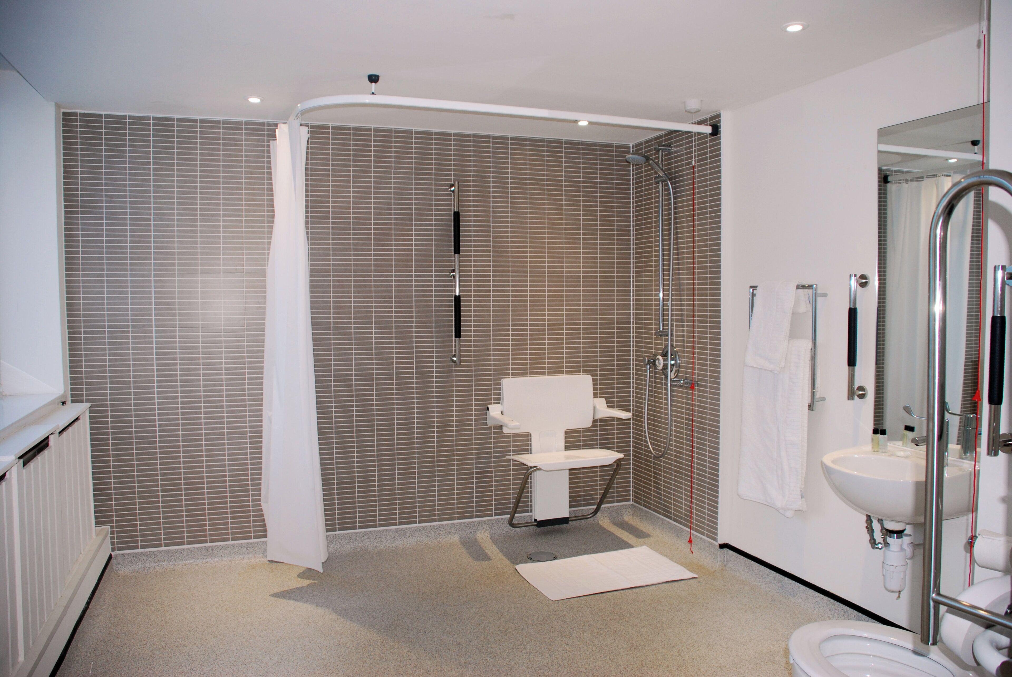 A modern bathroom with a shower, toilet, and sink.