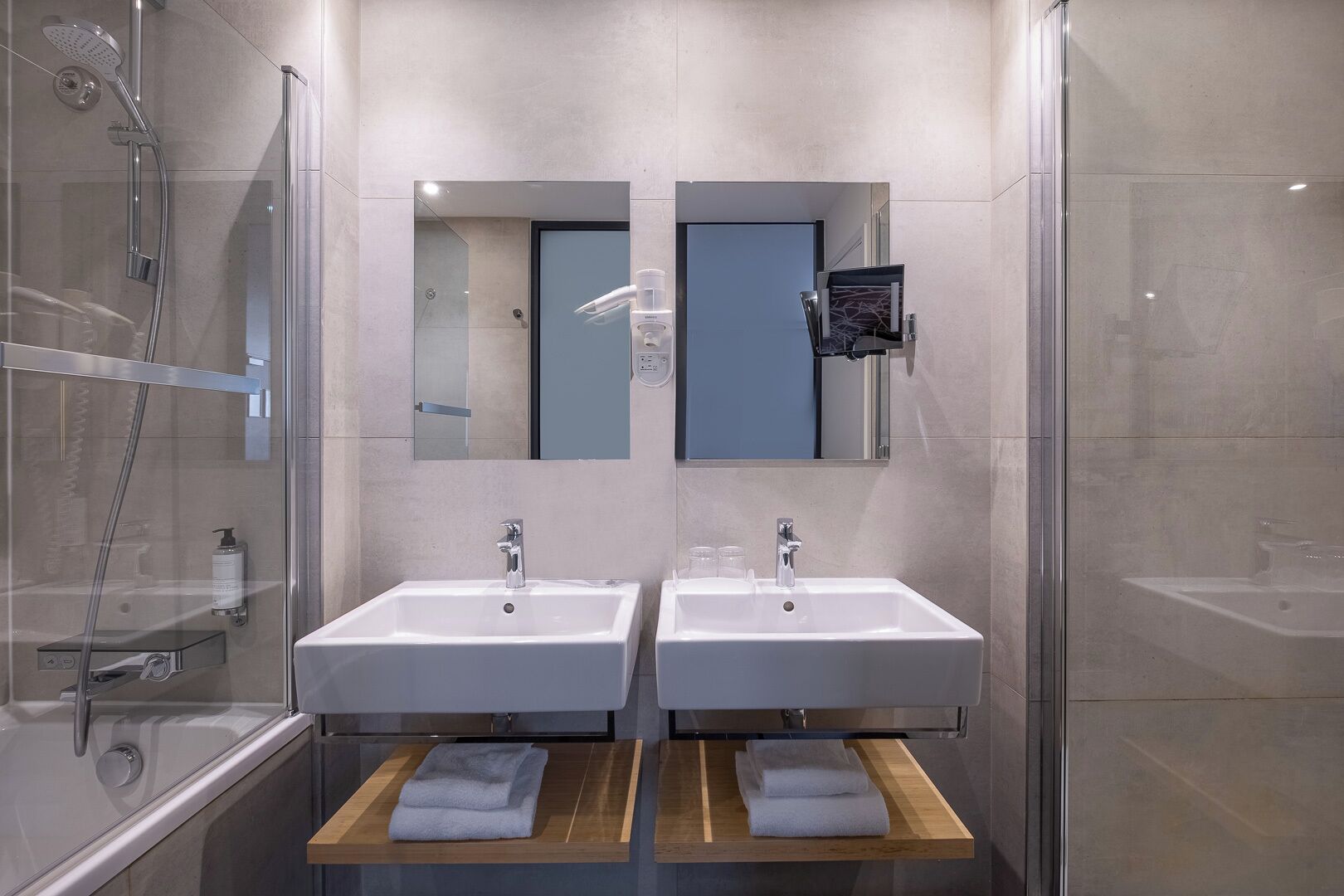 free toiletries, hair dryer, towels