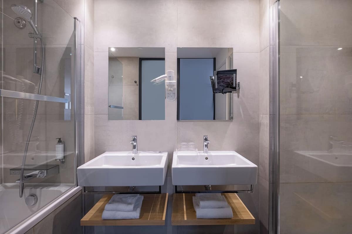 free toiletries, hair dryer, towels