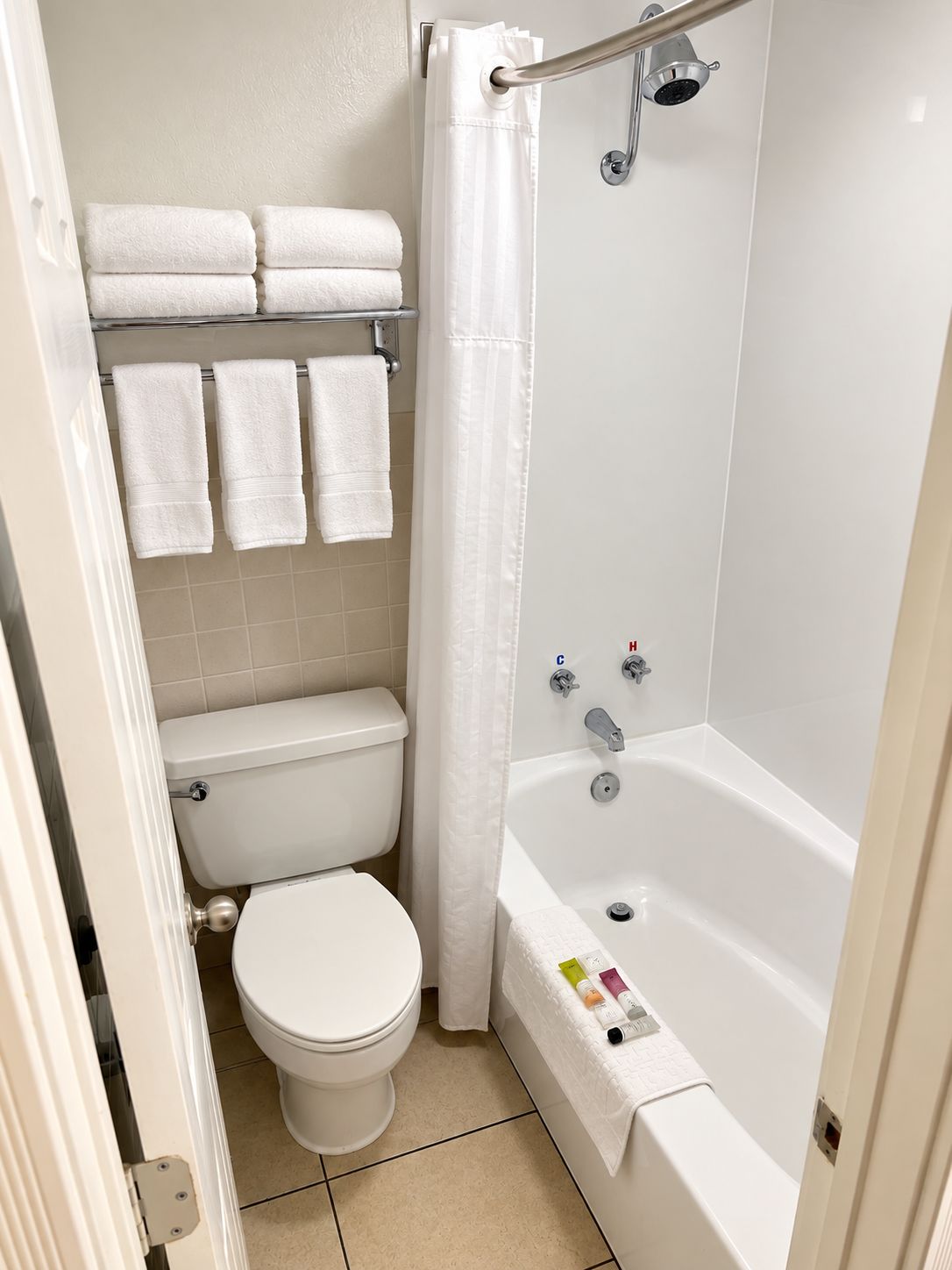 Een badkamer met toilet, bad en douchegordijn.